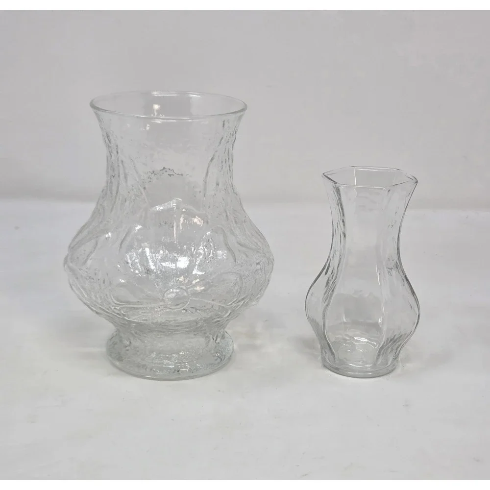 Vintage Crinkle Glass Vase Pair Clear MCM Pedestal Florist Vases Set of 2